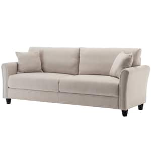 85 in. Wide Round Arm Polyester Mid-Century Modern Straight 4-Seater Sofa with Pillows in Beige