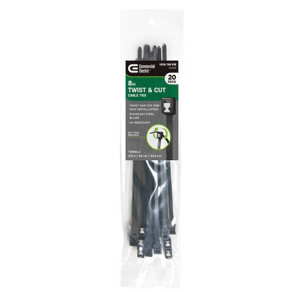 Commercial Electric 8in Twist and Cut UL Listed UV Resistant  Cable Zip Ties 20 Pack UV (Black)