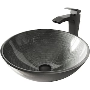 Glass Round Vessel Bathroom Sink in Silver with Blackstonian Faucet and Pop-Up Drain in Matte Black