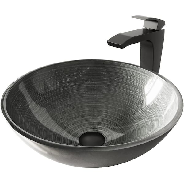 VIGO Glass Round Vessel Bathroom Sink in Silver with Blackstonian Faucet and Pop-Up Drain in Matte Black