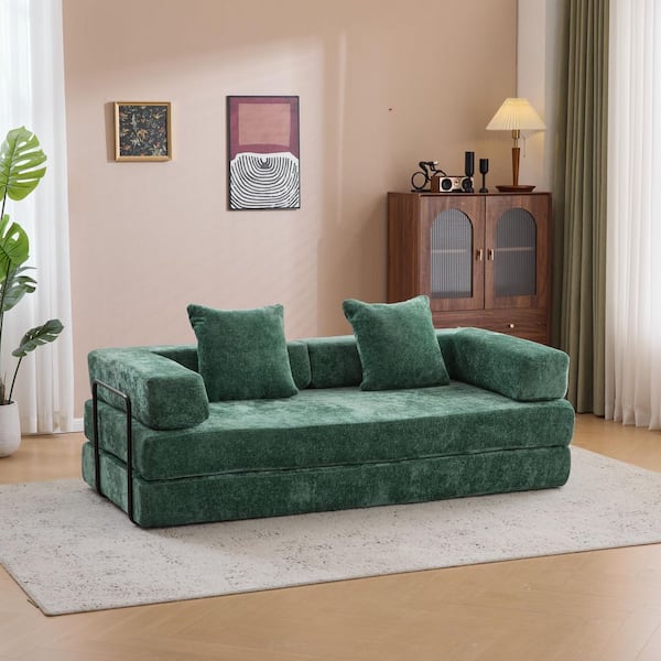 76.8 in. Chenille Compression Sectional Sofa in. Dark Green