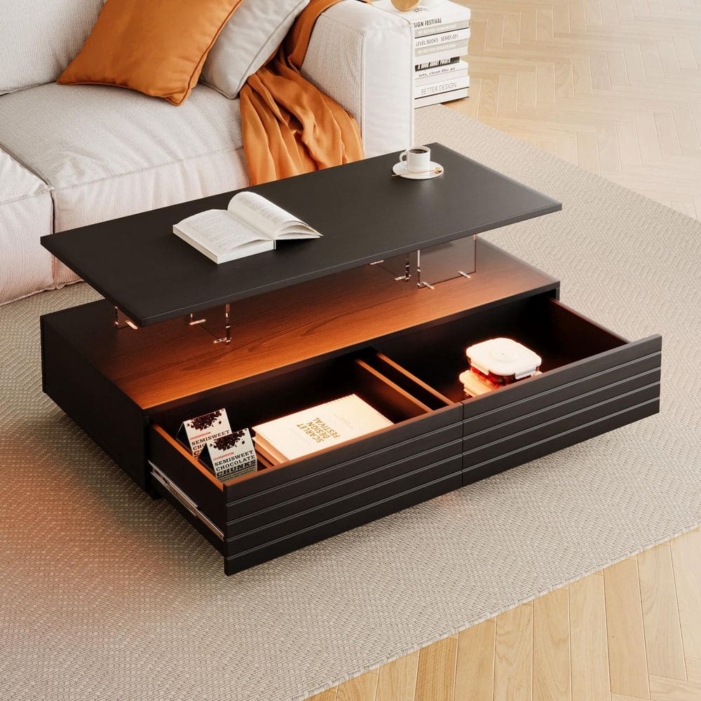 47.2 in. Black Rectangle MDF Coffee Table with LED Lights and 2 Drawers