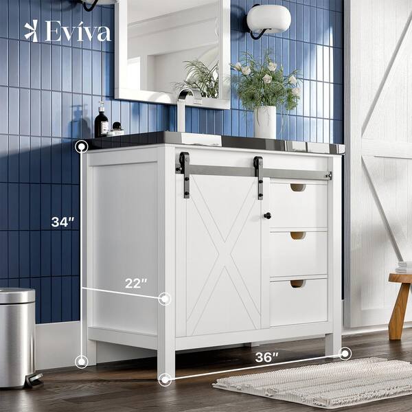 Eviva Dallas 36 in. W x 22 in. D x 34 in. H Bath Vanity in White with Black Granite Top with Black Sink