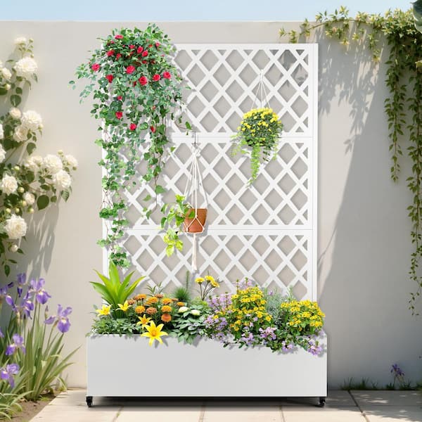 TUYOHW 47 in. x 16 in. x 71 in. White Metal Raised Garden Planter Box with  Trellis-Rust-Proof for Cucumbers and Climbing Plants RW-SCX-ZZX-918