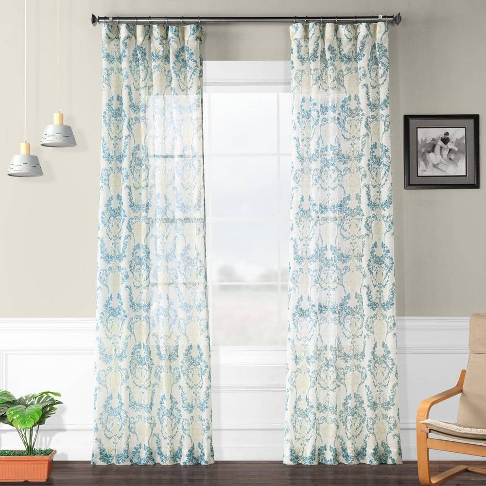 Exclusive Fabrics & Furnishings Terrace Teal Blue Printed Faux Linen Sheer Curtain - 50 in. W x 84 in. L (1 Panel)