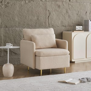 Beige Modern Accent Chair,Sherpa Upholstered Cozy Comfy Armchair with Pillow Single Club Sofa Chairs with Metal Legs