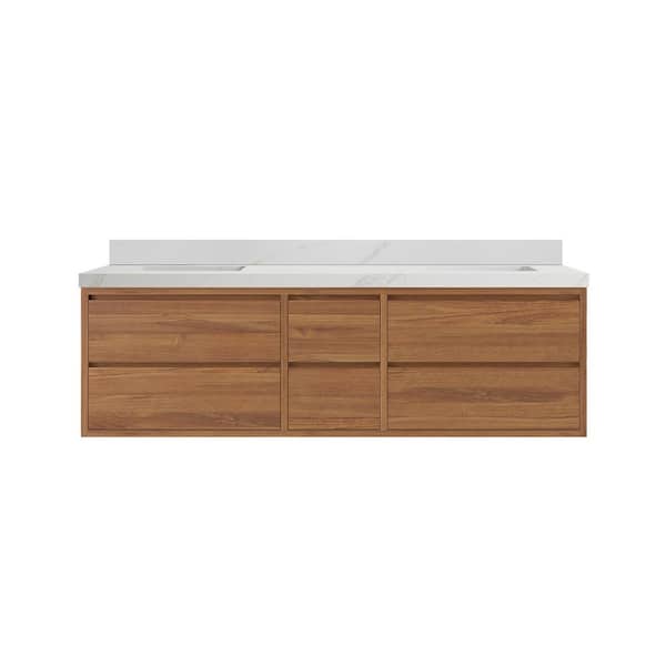 Willow Collections Madison Float 72 in. W x 22 in. D x 36 in. H Double Sink Bath Vanity in Dark Natural with 2" Calacatta Sienna Qt. Top