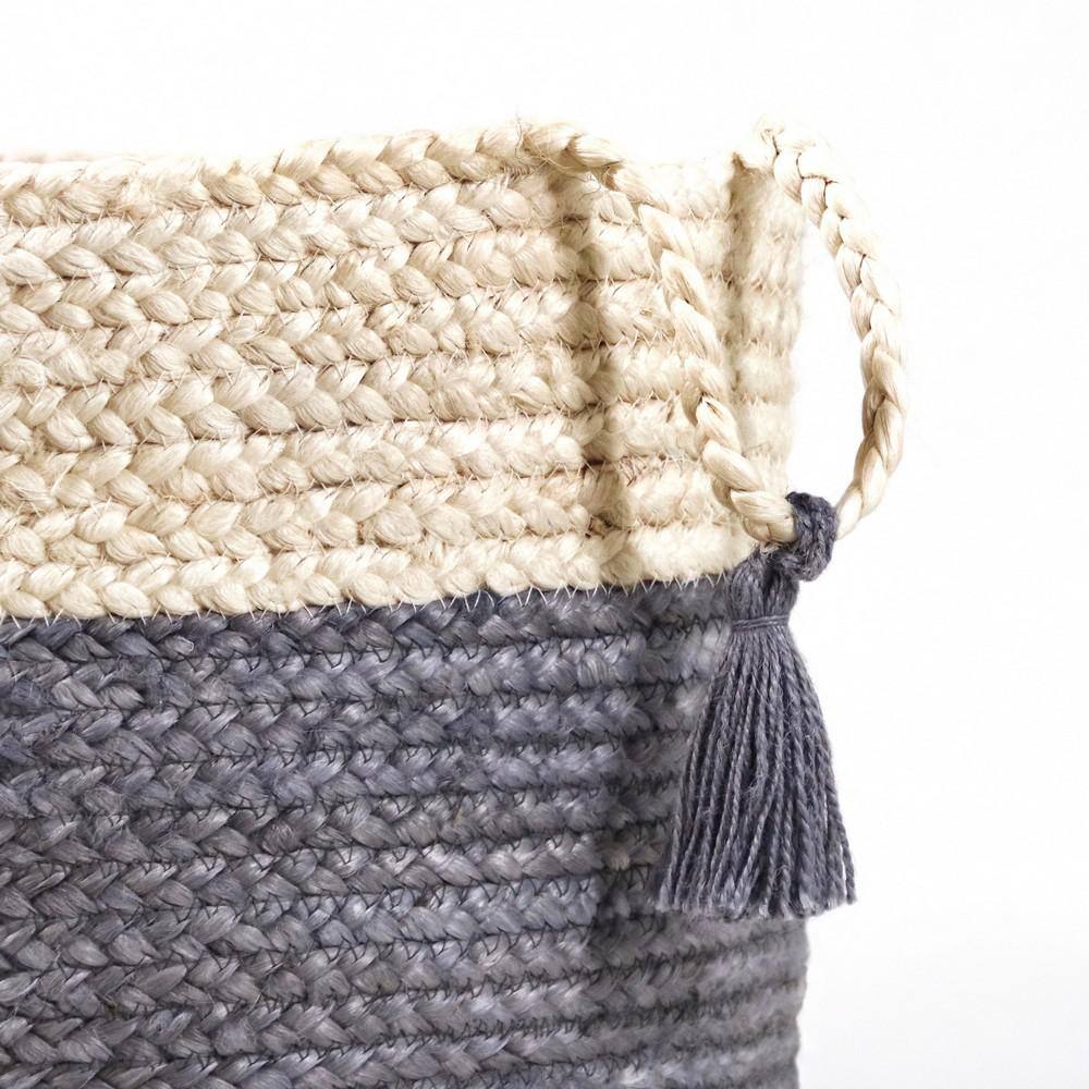 17" Off-White and Gray Jute Round Storage Basket