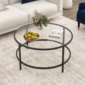 36 in. Black Round Tempered Glass Tabletop Coffee Table Metal Frame Living Room