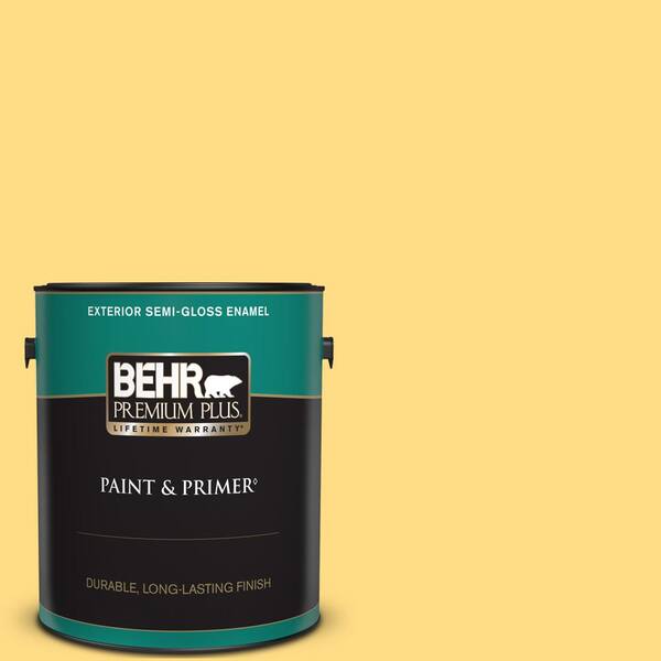 BEHR PREMIUM PLUS 1 gal. #340B-5 Yellow Brick Road Semi-Gloss Enamel Exterior Paint & Primer