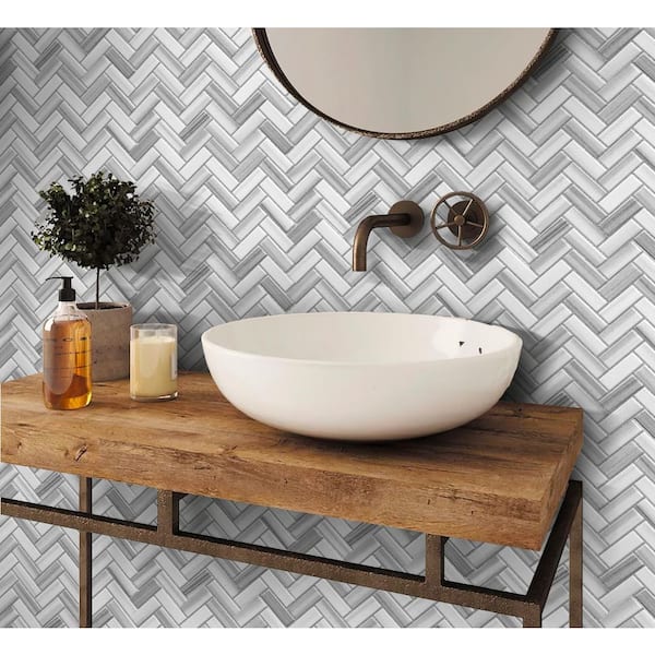 Gray 11.9 in. x 12.8 in. Equator Herringbone Polished Marble Mosaic Tile (5.28 sq. ft./Case)