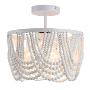 3-Light White Convertible Wooden Bead Pendant Chandelier with White Finish for Dining Room, Bedroom, Living Room