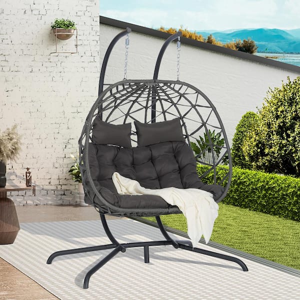 Unbranded 2-Person Outdoor Gray Metal Wicker Porch Swing Egg Chair with Stand and Dark Gray Cushion