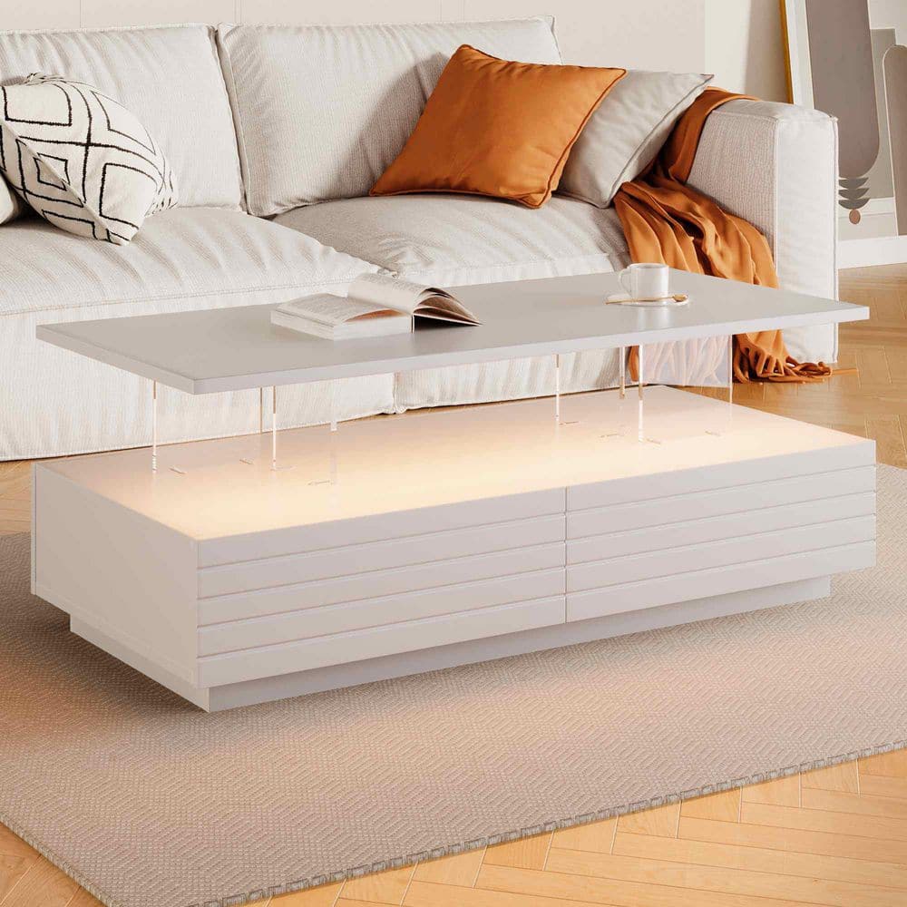47.2 in. White Rectangle MDF Coffee Table with LED and Storage