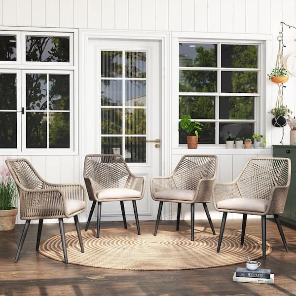 Patio Dining Chair (Set of 4), Woven Rope Outdoor Dining Chairs w/Steel Frame, All-Weather Wicker Chairs, Beige