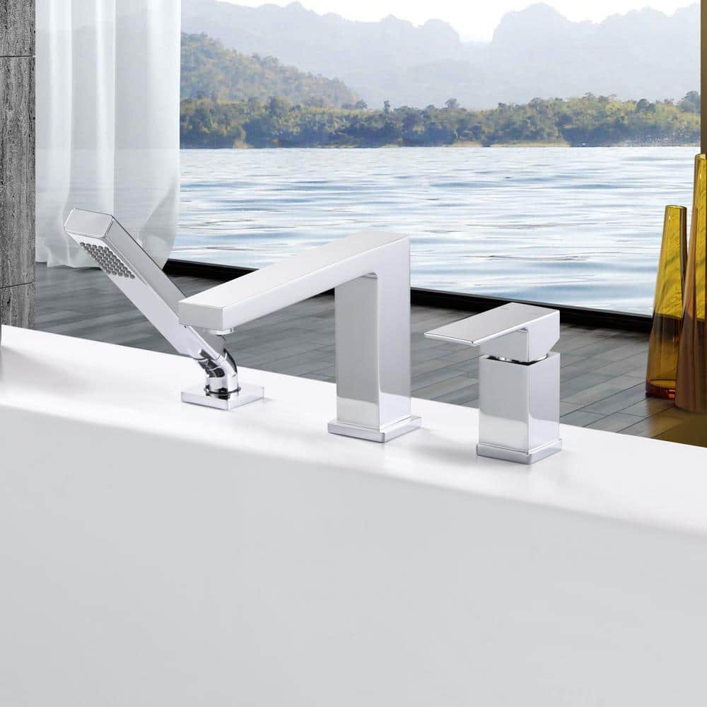Polished Chrome Single Handle Deck-Mounted Tub Faucet with Hand Shower