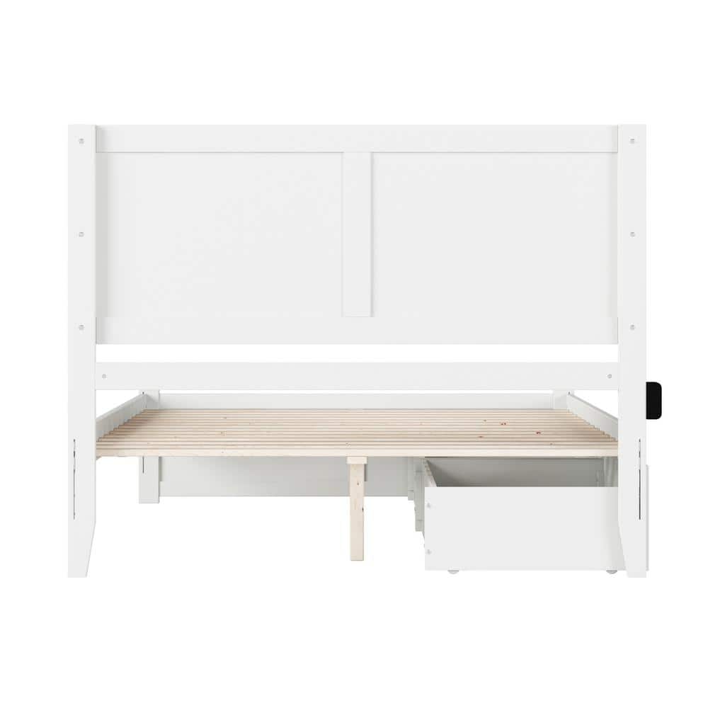 White Wood Queen Platform Bed with Storage Drawers and Chevron Headboard