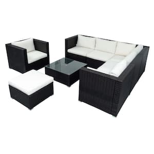 Brown 8-Piece Wicker Metal Outdoor Sectional with White Cushions