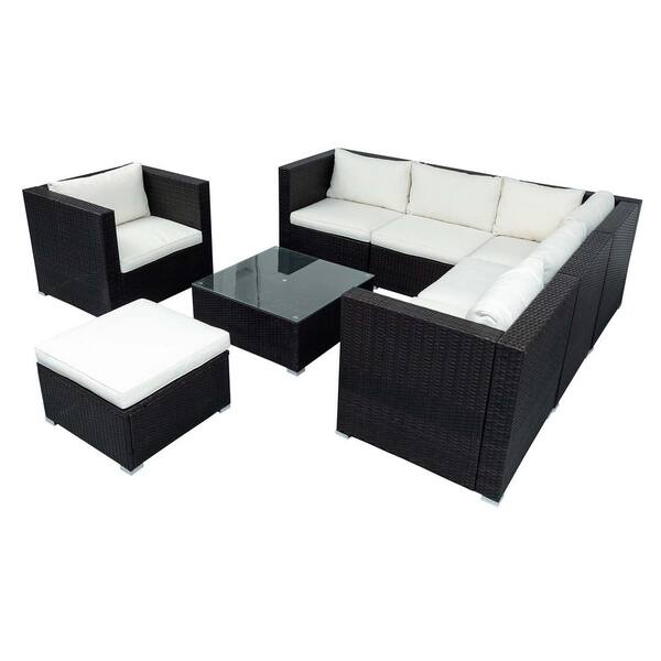 Sireck Brown 8-Piece Wicker Metal Outdoor Sectional with White Cushions
