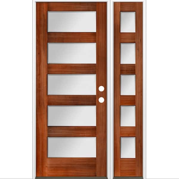 Krosswood Doors 50 in. x 80 in. Modern Hemlock 5-Lite Left-Hand/Inswing Frosted Glass Red Chestnut Stain Wood Prehung Front Door w/RSL