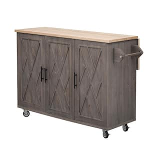 Brown Wood 51 in. Farmhouse Kitchen Island with Drop Leaf, 3-Door Cabinet, Adjustable Shelves and Towel Rack