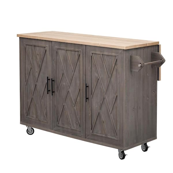 Tileon Brown Wood 51 in. Farmhouse Kitchen Island with Drop Leaf, 3-Door Cabinet, Adjustable Shelves and Towel Rack