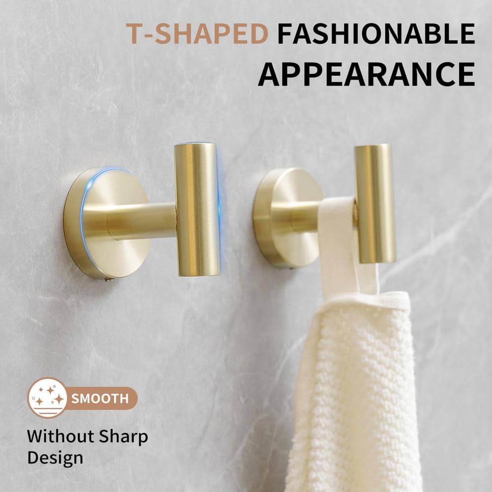 Brushed Gold Stainless Steel J-Hook Wall Mounted Towel Hooks, 4-Pack
