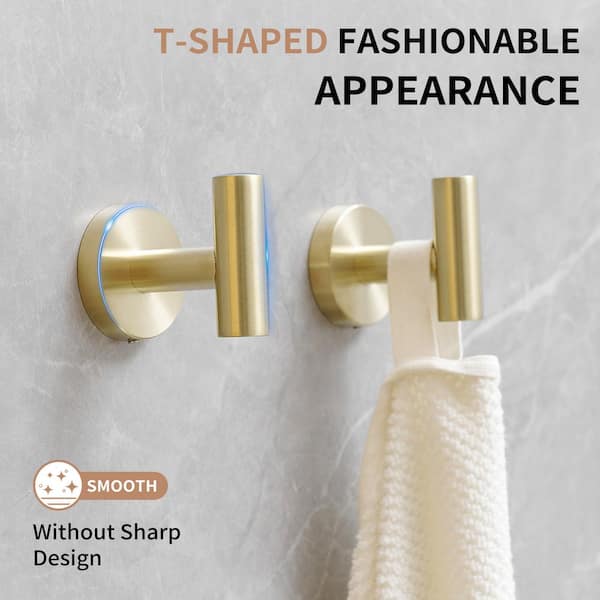 4-Pieces Round Shape J-Hook Robe Towel Hook Wall Mount Bathroom Storage Modern in Brushed Gold