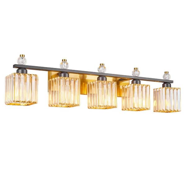 Home Lighting 35.82 in. 5-Light BlackGold Square Modern Crystal Vanity Light Fixtures Over Mirror For Bathroom (JW-290)