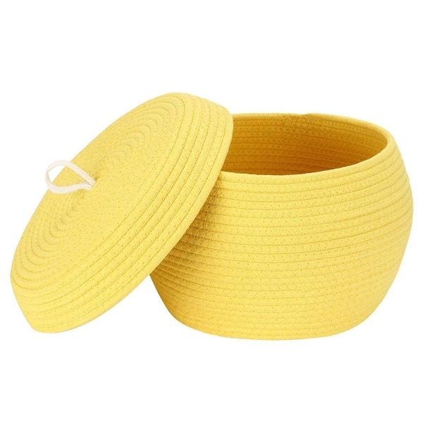 Yellow 13 in. x 9 in. Cotton Decorative Basket with Lid