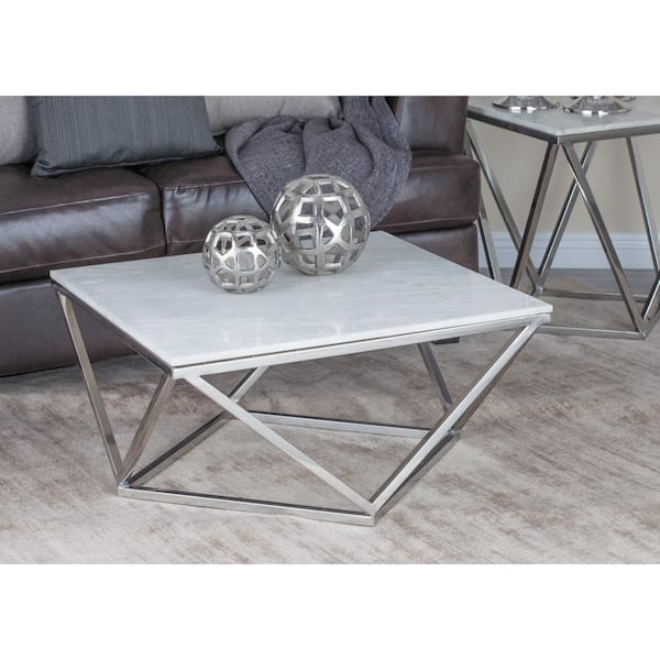 Litton Lane 29 in. White Medium Square Ceramic Coffee Table with Marble Top