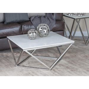 29 in. White Medium Square Ceramic Coffee Table with Marble Top