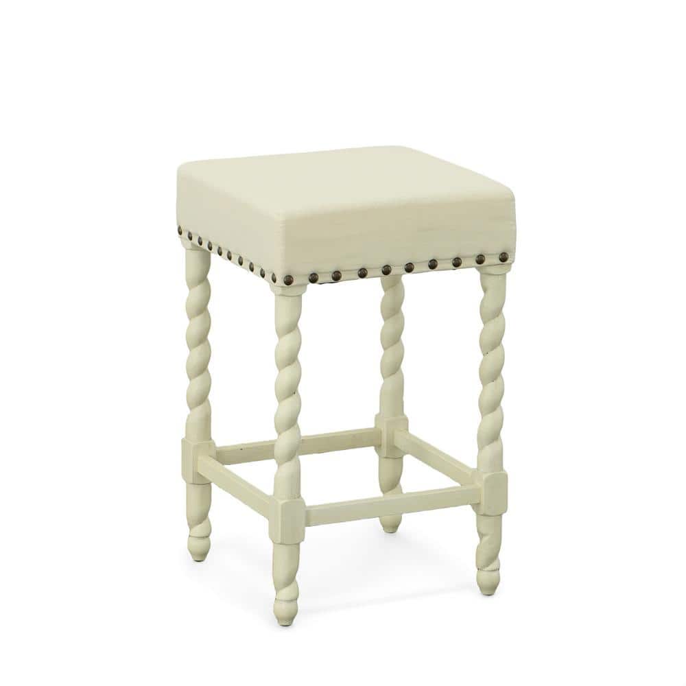 Vintage White Linen and Wood 32'' Backless Counter Stool