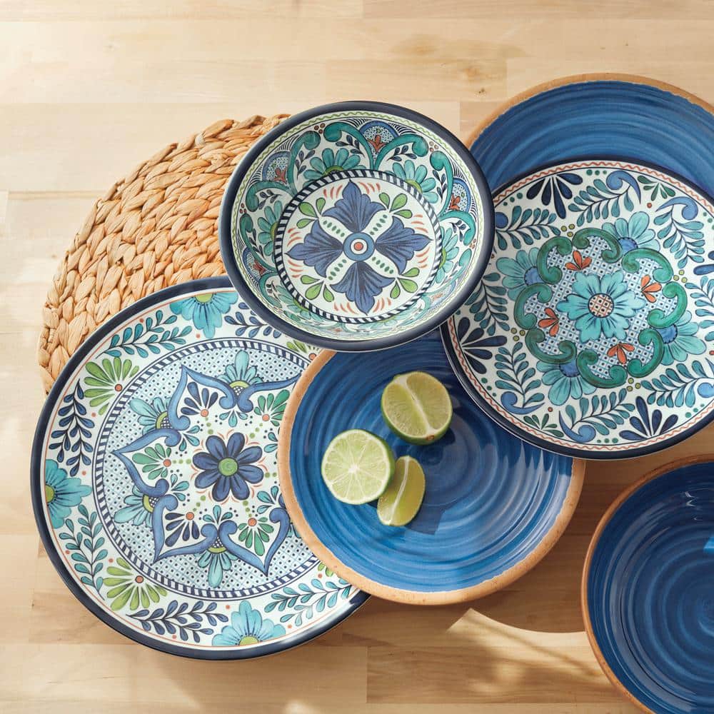 Talavera Blue Floral Melamine 12-Piece Dinnerware Set for 4