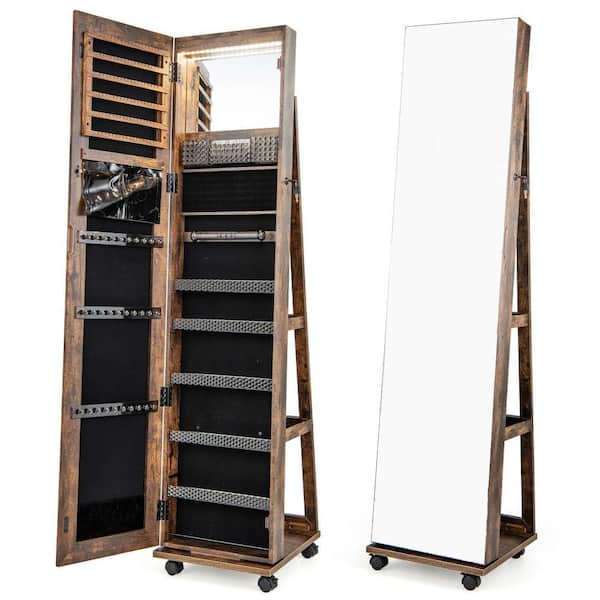 Coffee Standing Jewelry Cabinet with Adjustable LED Lights
