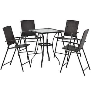 5-Piece Patio Furniture Set Wicker Bistro Square Dining Table, Outdoor Dining Set with Umbrella Hole and Foldable Chairs