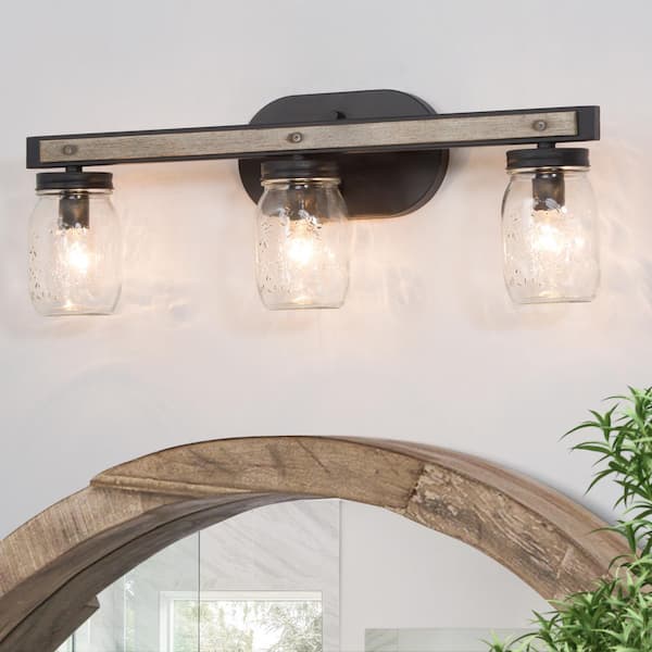 LNC Rustic Cottage 21.5 in. 3-Light Dark Grey Bathroom Vanity Light with Mason Jar Glass Shades & Faux Wood Accent Sconce
