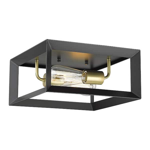 JAZAVA 11.4 in. 2-Light Matte Black and Brushed Brass Flush Mount with Metal Shade and No Bulbs Included Close to Ceiling Light