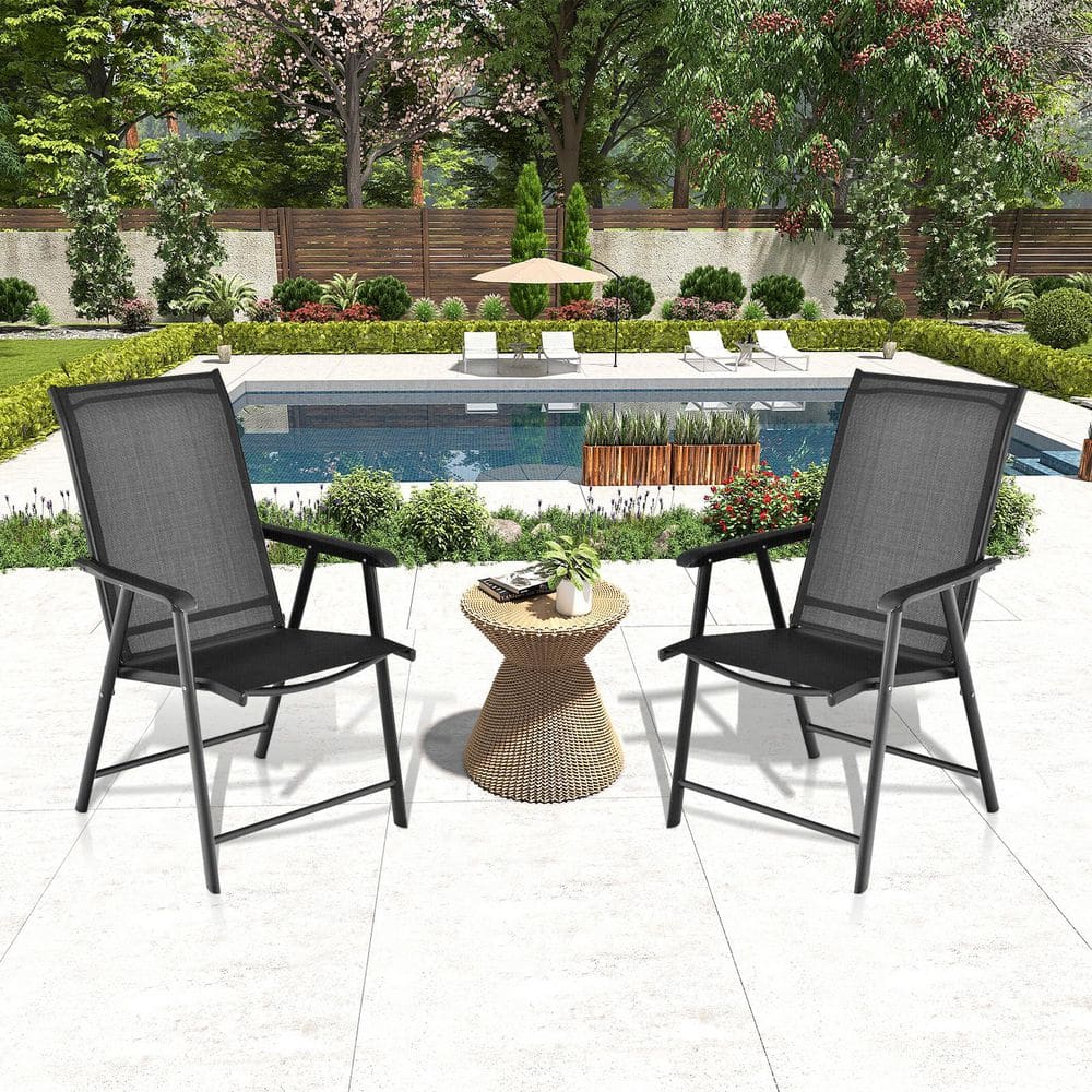 Patio Folding Iron Outdoor Dining Chair with Ergonomic Armrests in Black Set of 2 price history on PriceWatchPro