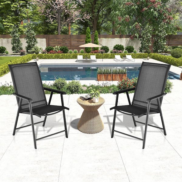 ANGELES HOME Patio Folding Iron Outdoor Dining Chair with Ergonomic Armrests in Black Set of 2