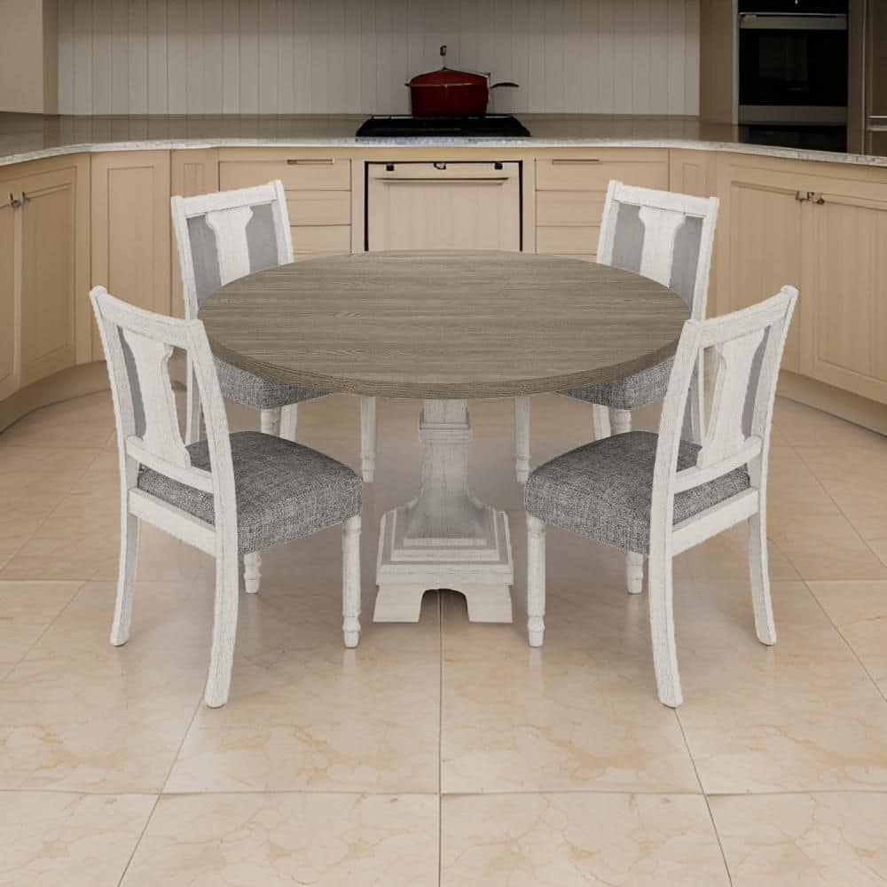 Sane 5-Piece Round Gray and White Wood Top Pedestal Dining Table Set Seats 4