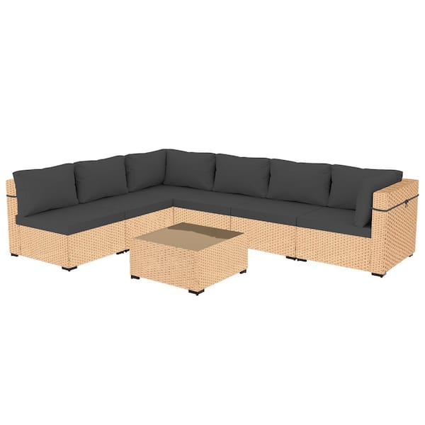 PATIOGUARDER 7-Piece Beige Wicker Patio Conversation Set with Dark Gray Cushions and Coffee Table