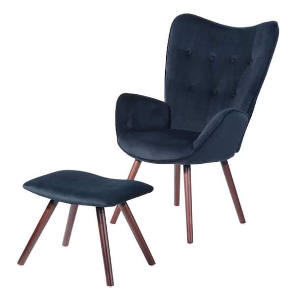 Homy Casa Kas Blue Velvet Upholstered Tufted Armrest Wingback Arm Chair With Ottoman