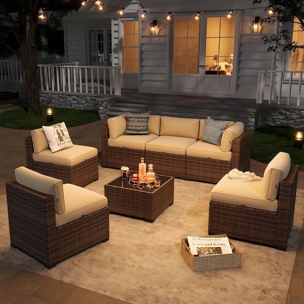 Brown 7-Piece Wicker Rattan Outdoor Patio Conversation Set with Beige Cushions, Coffee Table and Set Cover