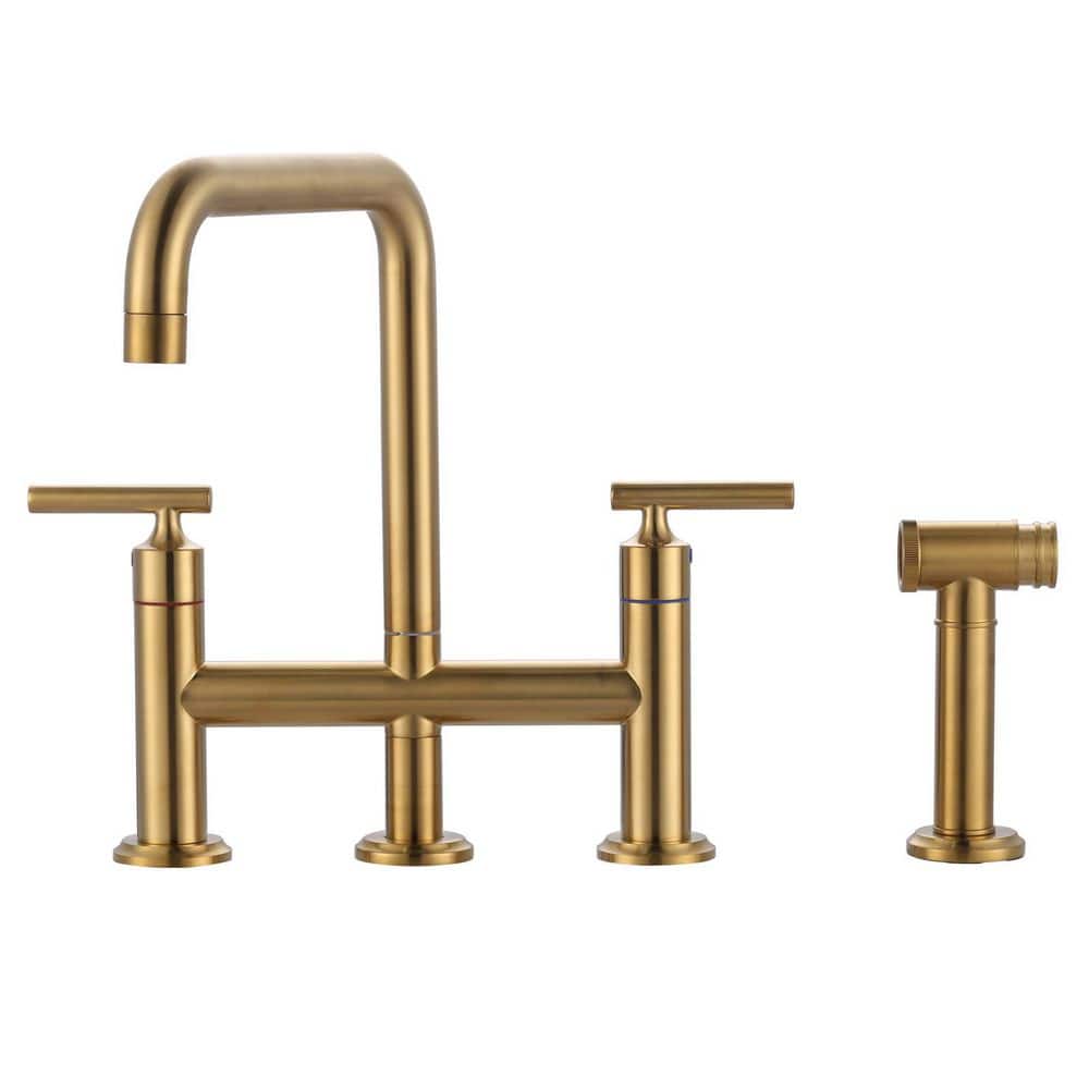 Double Handle Deck Mount Bridge Kitchen Faucet with Side Sprayer in Brushed Gold