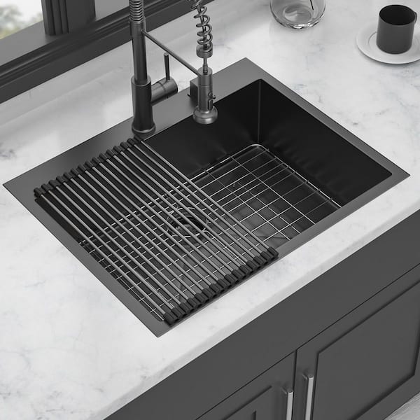 Timussi 28 in. Drop-in Single Bowl 16 Gauge Gunmetal Black Stainless Steel Kitchen Sink with Bottom Grids
