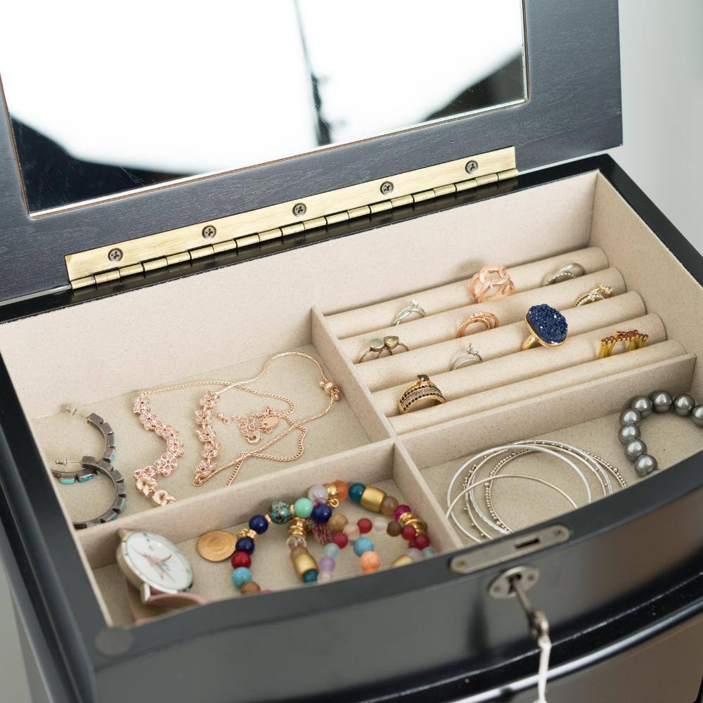 Black Modern 7-Drawer Jewelry Armoire with Mirror