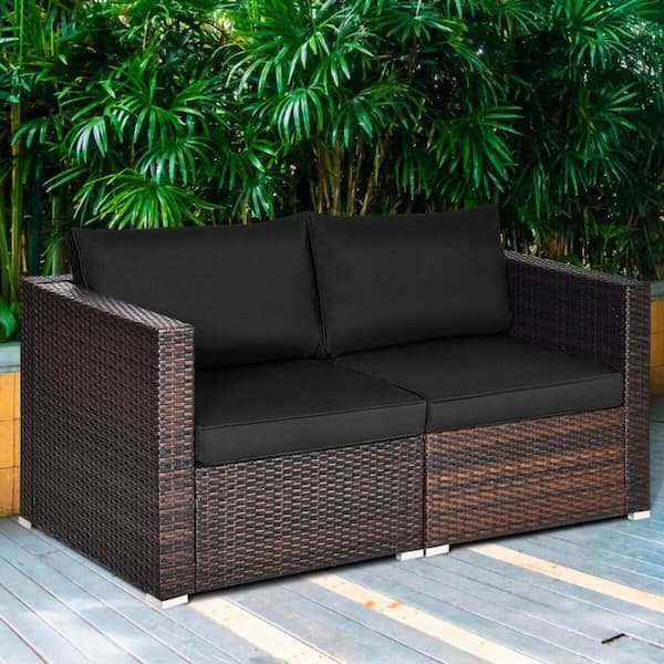 2-Piece Wicker Outdoor Loveseat with Black Cushions