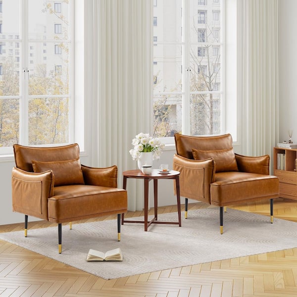 Set of 2 Mid-Century Modern Camel Leatherette Armchair with Gold Trimmed Metal Legs and Side Pocket