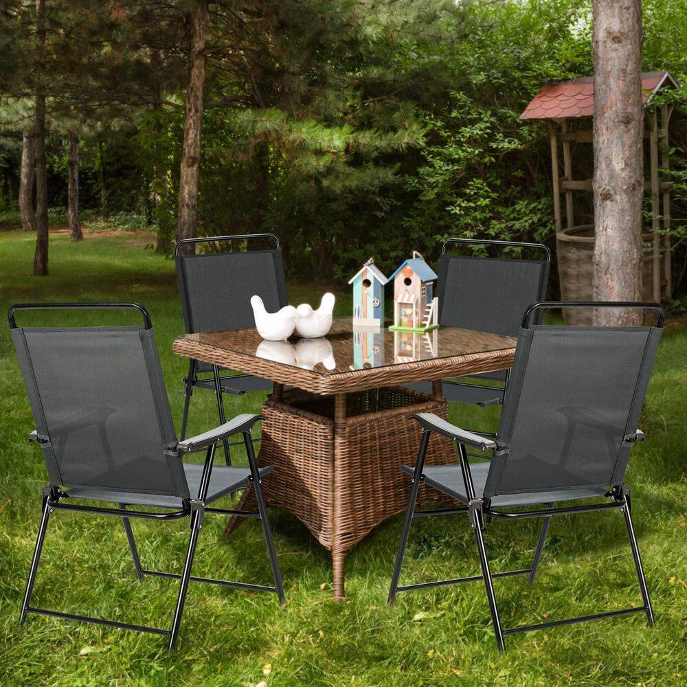 Gray Steel Folding Patio Chairs with Armrests, Set of 4